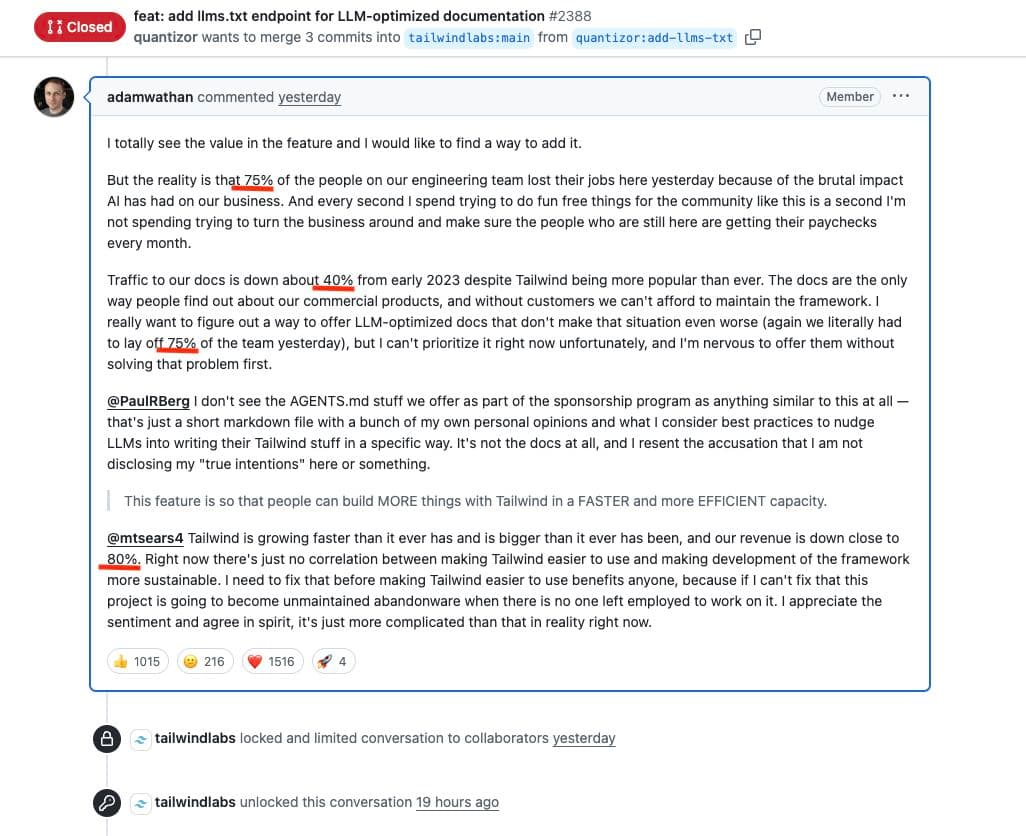TailwindCSS Lays Off 75% of Team as AI Crushes Documentation-Based Revenue Model